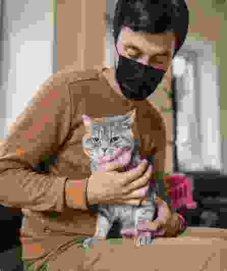 man with a facemask is holding cat in his lap